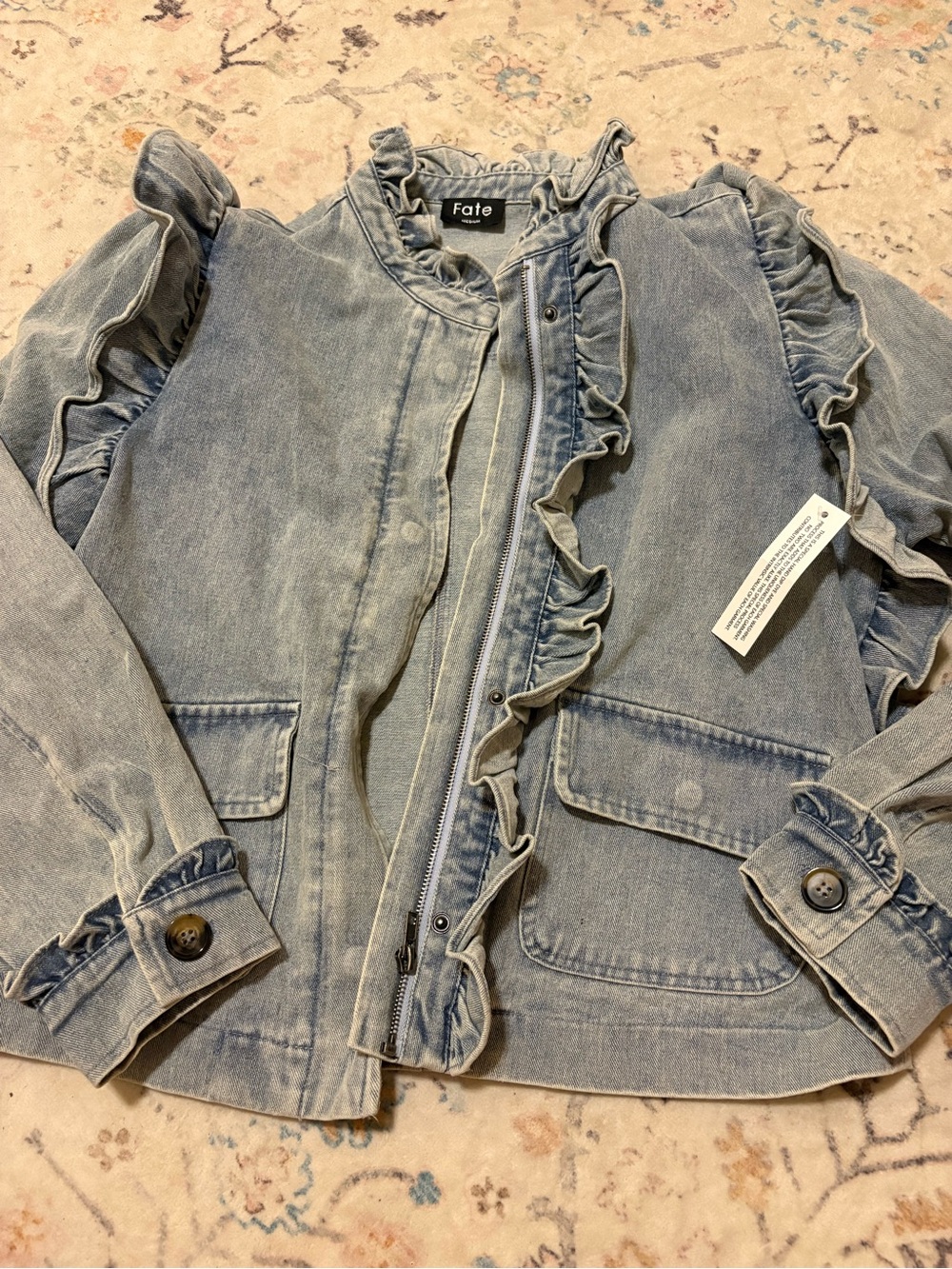 Fate Light Blue Ruffle Trim Denim Jacket. New w/ tag. Medium!